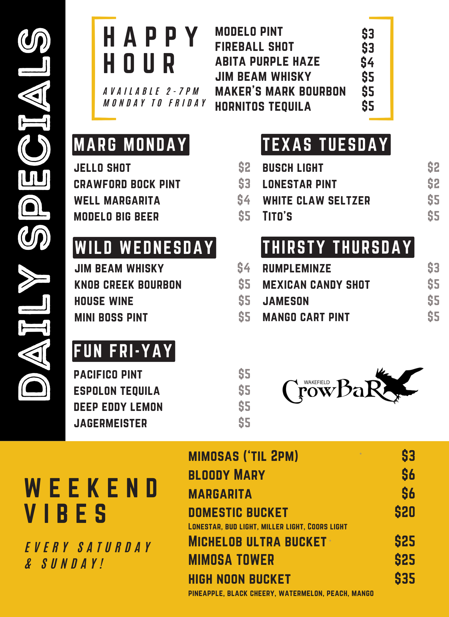 Daily Drink Specials at Wakefield Crowbar