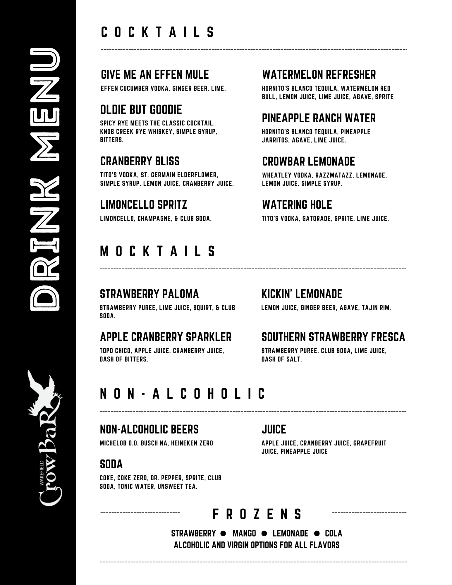 Wakefield Crowbar Cocktail Menu