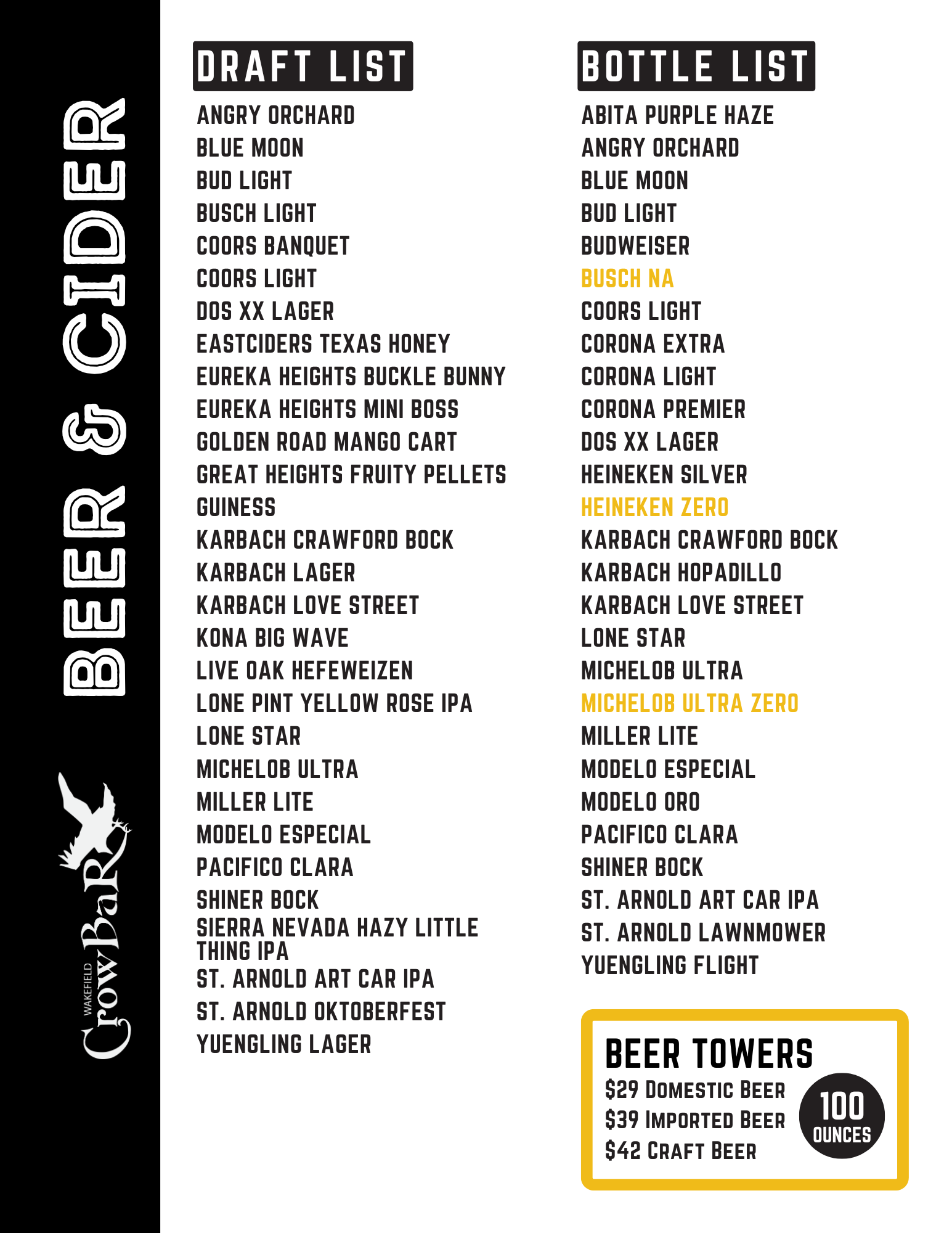 Wakefield Crowbar beer menu