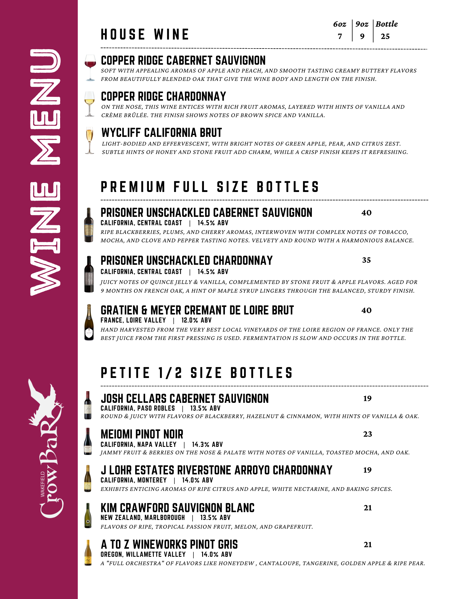 Wakefield Crowbar Wine Menu