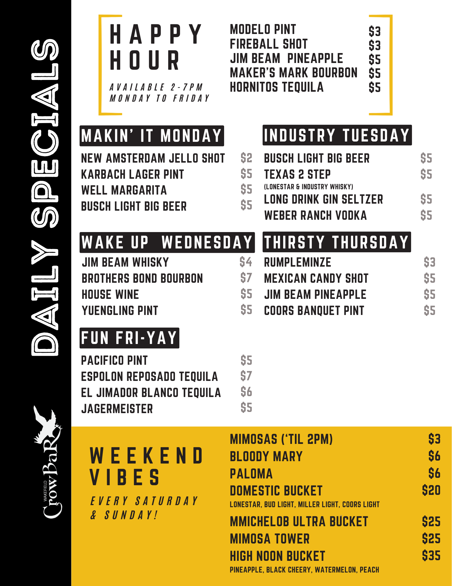 Happy Hour Drink Specials - Wakefield Crowbar Houston