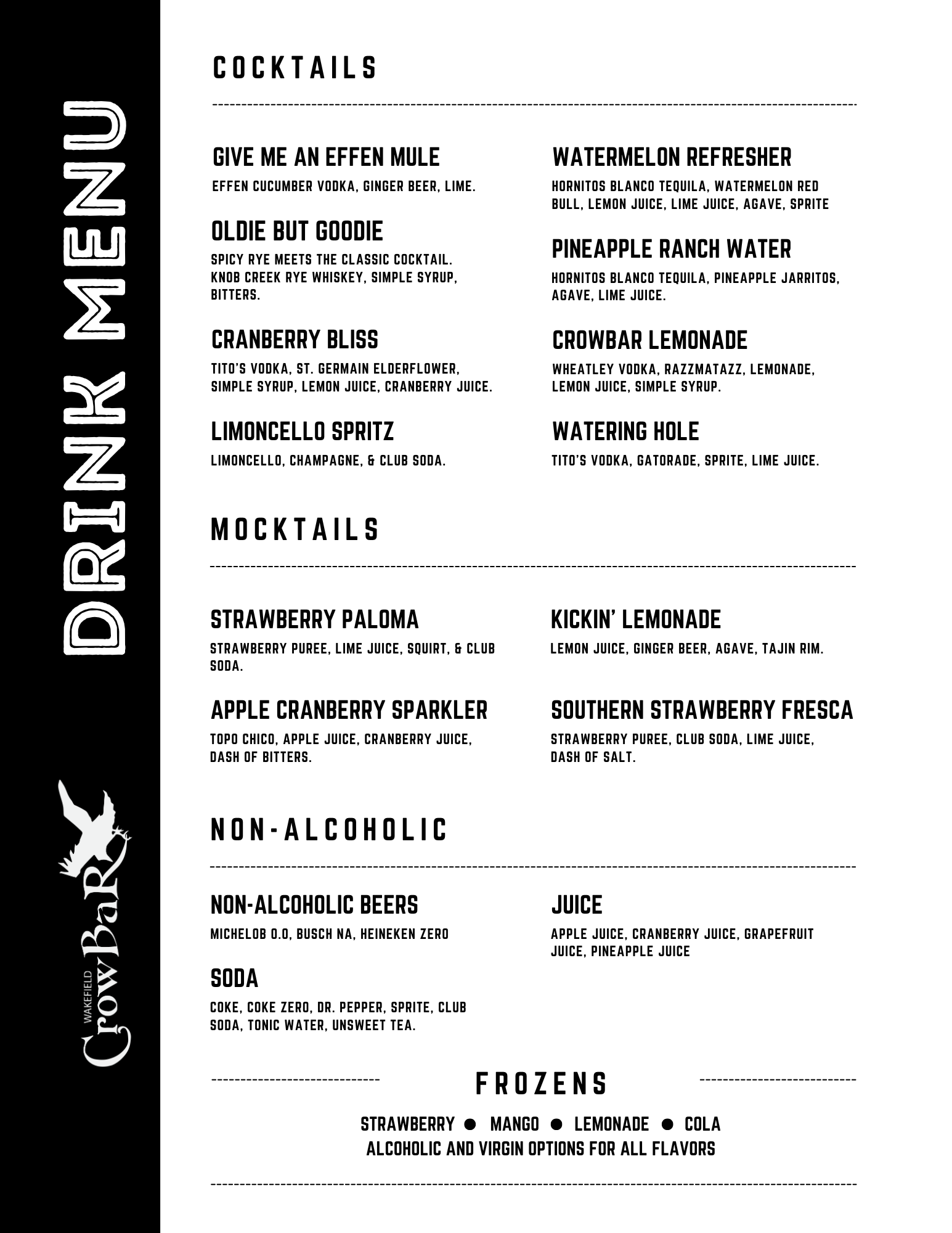 Wakefield Crowbar Drinks Menu