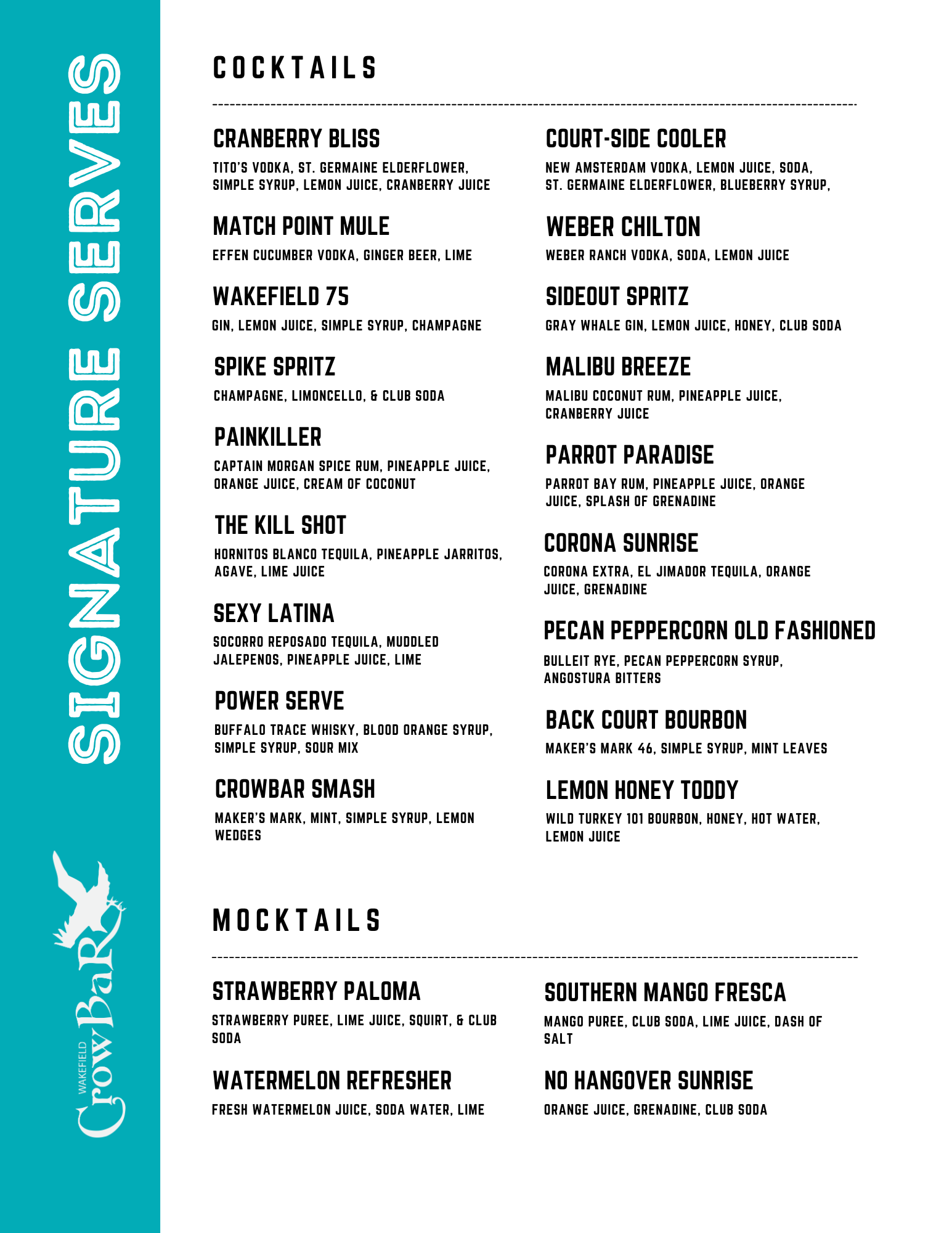 Wakefield Crowbar signature drink menu