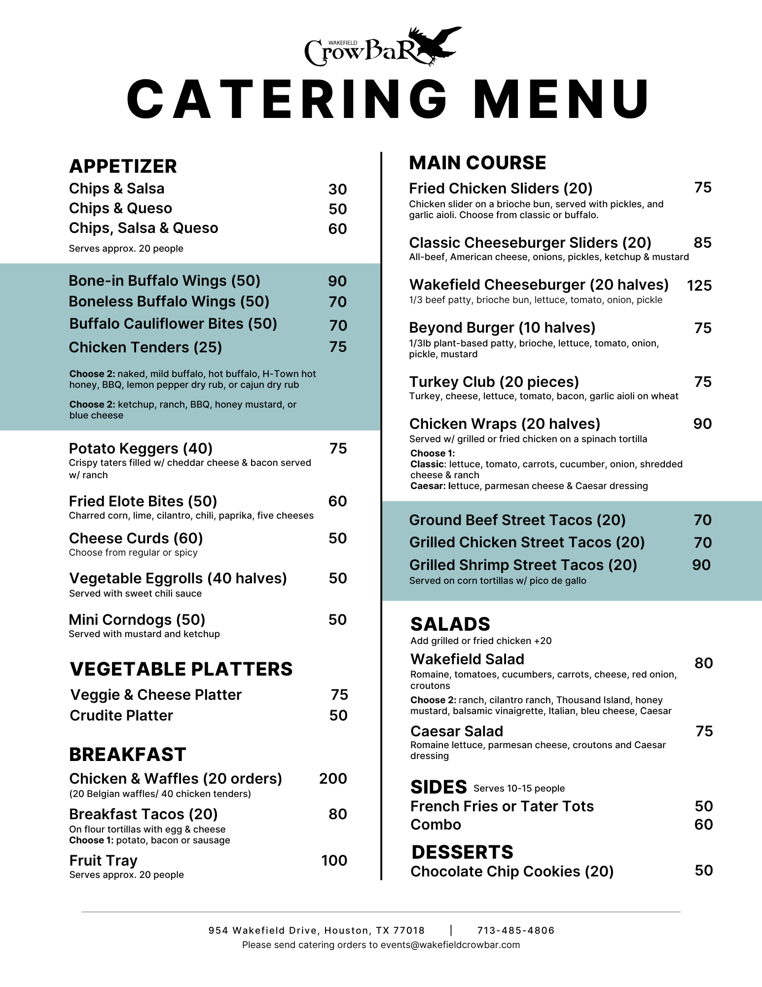 Wakefield Crowbar Catering Menu page 1