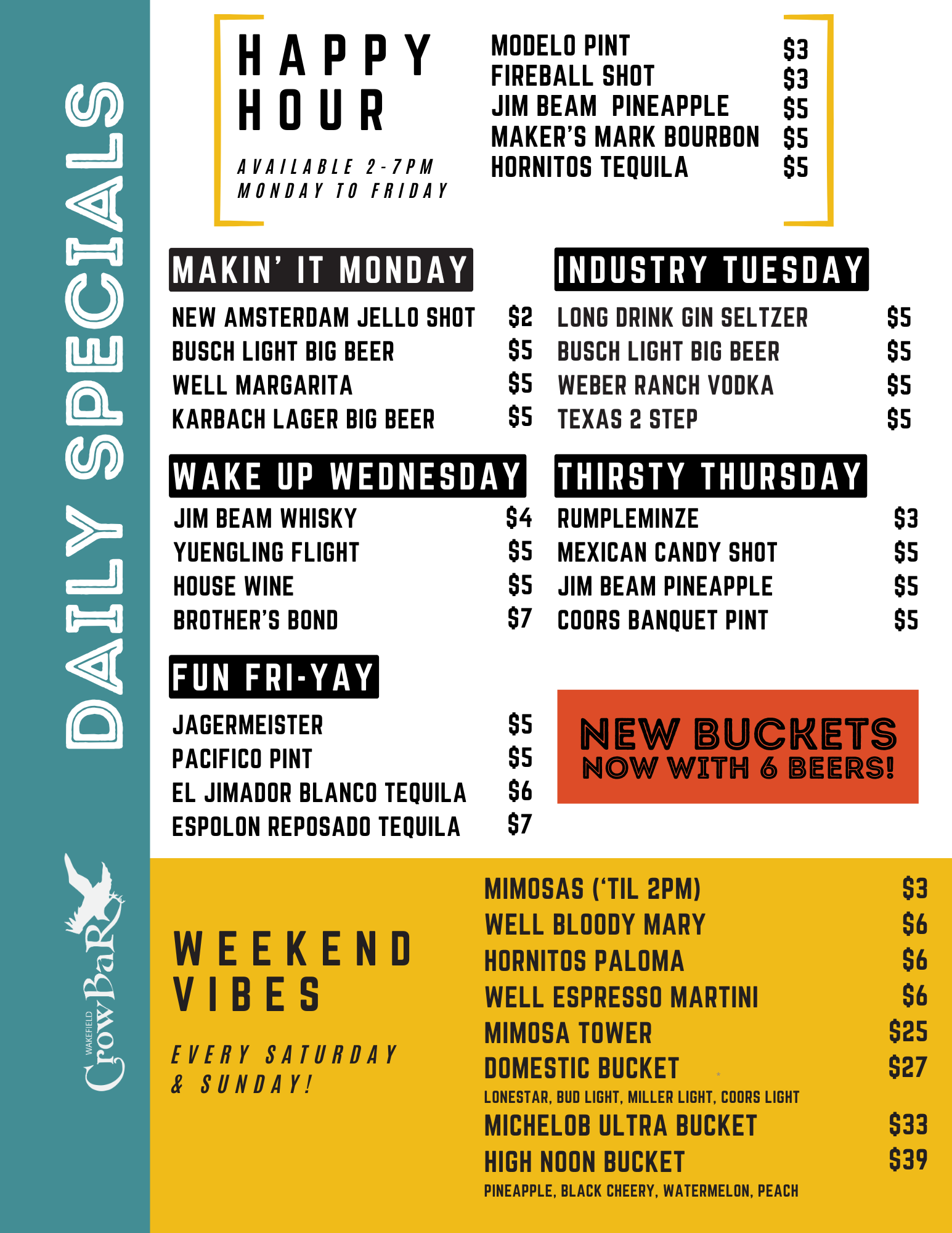 Wakefield Crowbar Daily Drink Specials