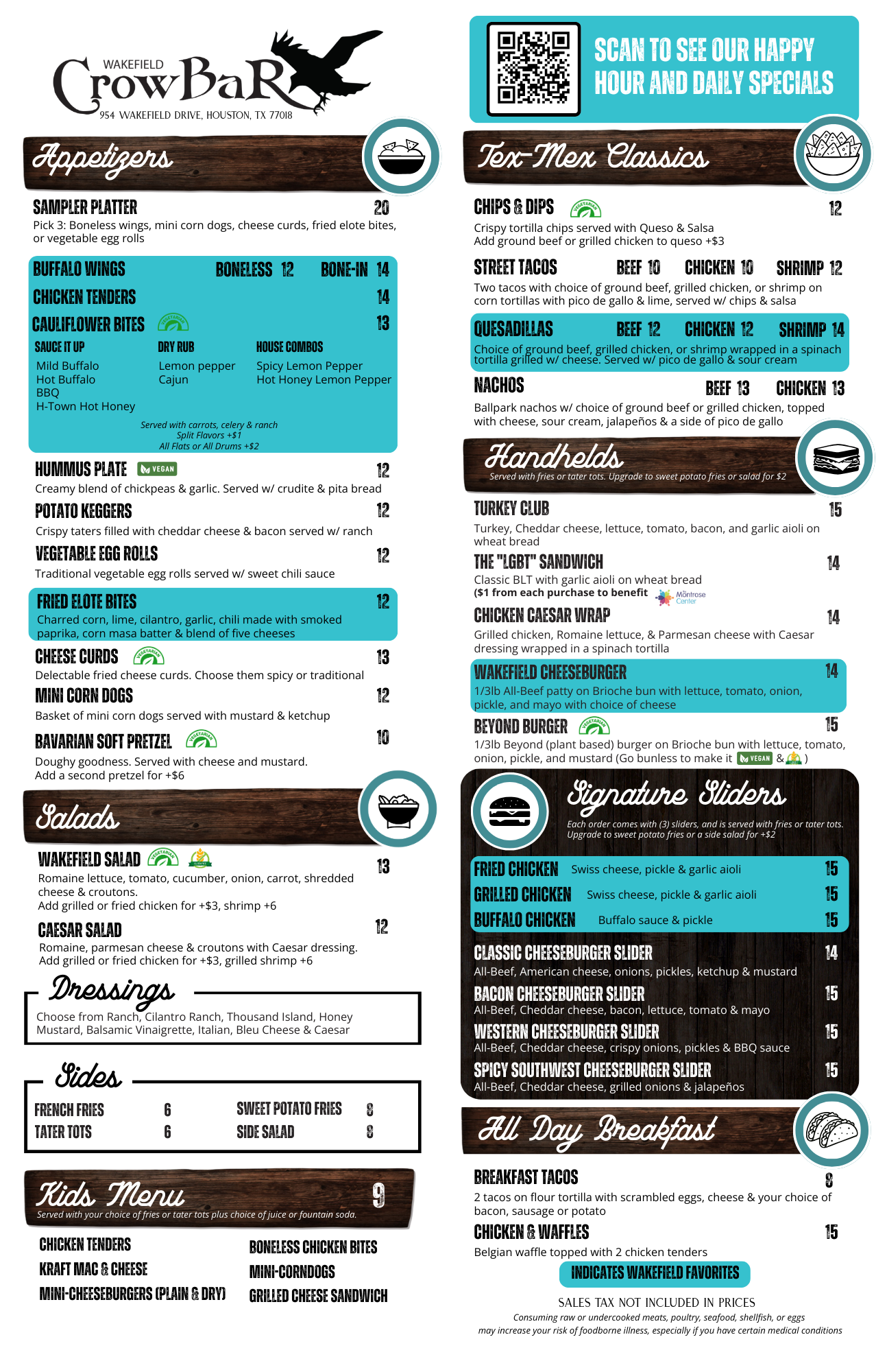 Houston Food Menu Wakefield Crowbar