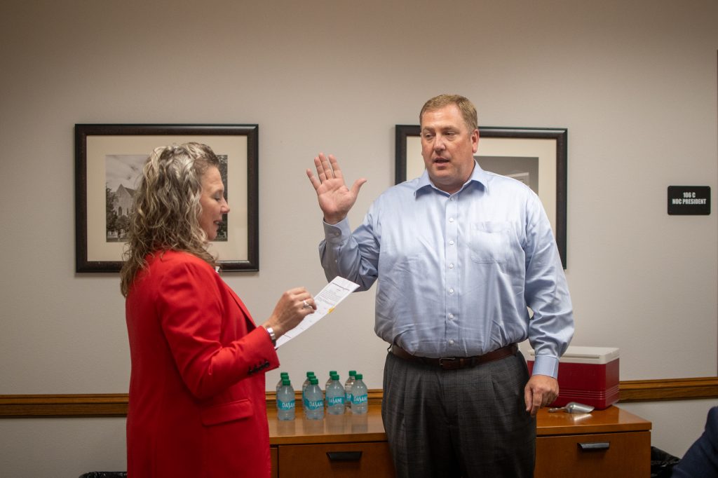 Drew Ewbank was sworn in as the new NOC regent at Wednesday’s Board of Regent Meeting in Tonkawa.  (photo by Shiloh Martin/NOC)