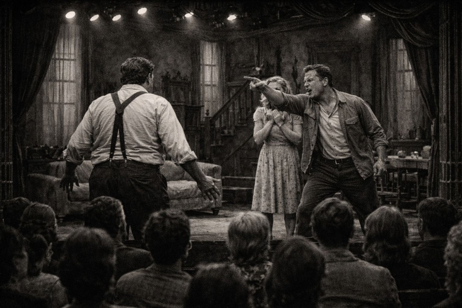 A dramatic confrontation on stage.